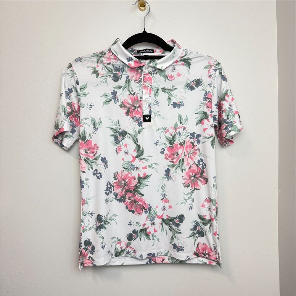 Bad Birdie Youth XL 12/13 Spring Showers Golf Polo Pink White Floral Stretch